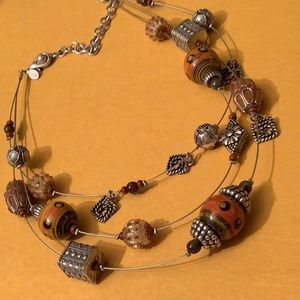 CHICO’S TRIBAL BEADED MULTI STRAND ANTIQUE SILVER WIRE NECKLACE